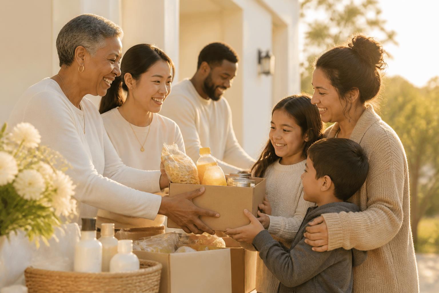 Volunteers supporting a family with food and supplies